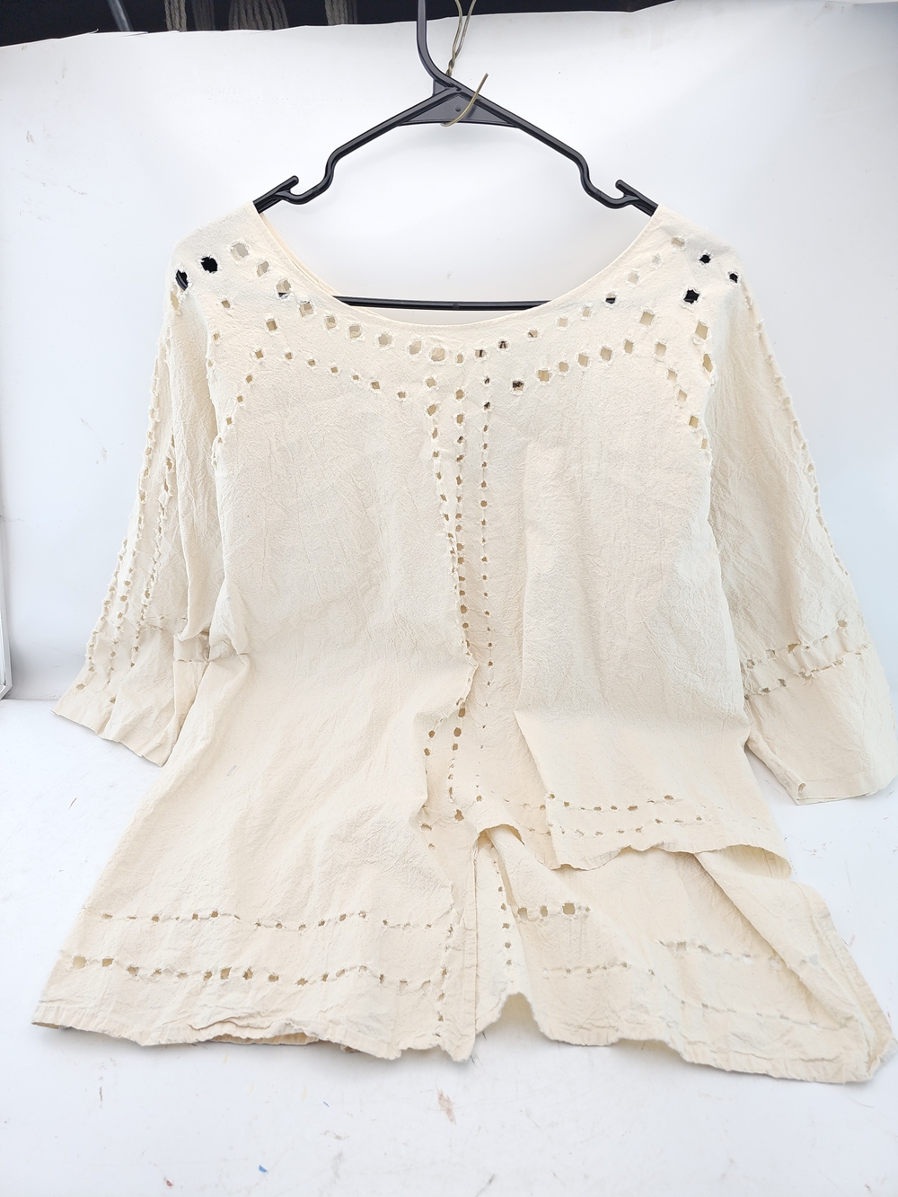 Cream Eyelet Cotton Blouse - Relaxed Women's Top Hand Made Los Angeles America